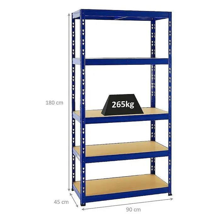 Proregal Schwerlastregal Tiger - H x B x T: 180 x 90 x 45 cm, Traglast pro Boden: 265 kg, Anzahl Böden: 5 Stk., Stecken, Blau - Blaues Metallregal mit fünf Ebenen, die jeweils ein Gewicht von 265 kg tragen können, ideal für Lagerung und Organisation.