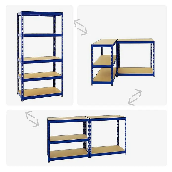 Proregal Schwerlastregal Tiger - H x B x T: 180 x 90 x 45 cm, Traglast pro Boden: 265 kg, Anzahl Böden: 5 Stk., Stecken, Blau - Abbildung eines blauen Schwerlastregals, das vielseitig als hohe oder niedrige Regalkombination aufgebaut werden kann.