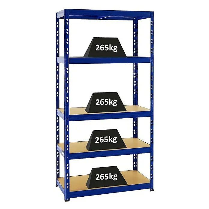 Proregal Schwerlastregal Tiger - H x B x T: 180 x 90 x 45 cm, Traglast pro Boden: 265 kg, Anzahl Böden: 5 Stk., Stecken, Blau - Blaues Metallregal mit vier Regalböden, jeweils mit einem Gewicht von 265 kg. Stabile Lagerlösung für schwere Gegenstände.