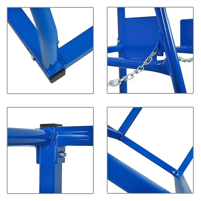 Proregal Kragarmregal Vertikalregal RHINO - H x B x T: 150 x 69 x 60 cm, Schrauben, Blau - Detailansichten eines blauen Fassrollers, die seine Konstruktion und Funktionalität hervorheben.