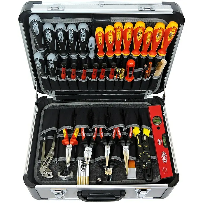 Famex Werkzeugkoffer - L x B x H: 46 x 35,5 x 18 cm, 128 -tlg. - Werkzeugkoffer mit einer Vielzahl von Werkzeugen, darunter Schraubendreher, Zangen und ein Wasserwaage.