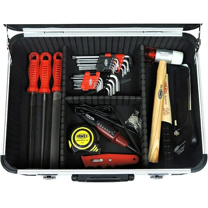 Famex Werkzeugkoffer - L x B x H: 46 x 35,5 x 18 cm, 128 -tlg. - Werkzeugkoffer mit Werkzeugen wie Feilen, Schraubenschlüsseln, Hammer, Maßband, Schraubendreher und Cutter für verschiedene Anwendungen.