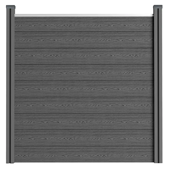 Home Deluxe Zaunabschlussleiste CALLUX inkl. LED Beleuchtung 1er Set -  - Ein modernes, graues WPC-Sichtschutzzaun-Element mit horizontalen Brettern und stabilen Pfosten für den Garten.