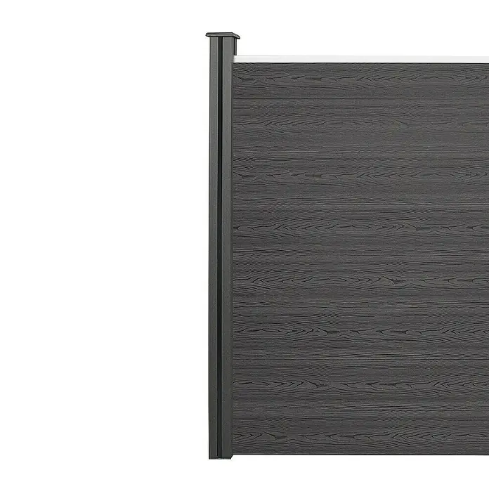 Home Deluxe Zaunabschlussleiste DINA - 2er Set -  - Nahaufnahme einer modernen grauen Holzstruktur-Sichtschutzwand mit vertikalem Pfosten.