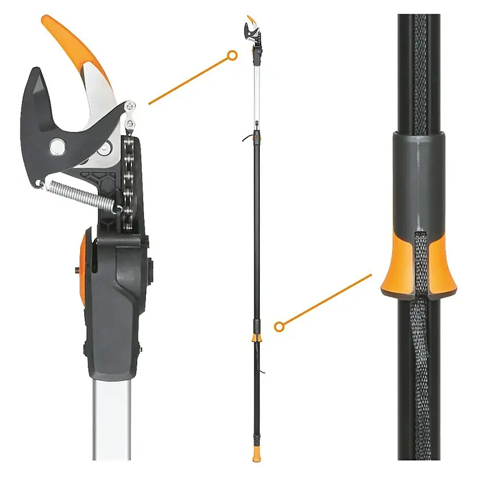 Fiskars Teleskop-Schneidgiraffe UPX86 - Max. Aststärke: 32 mm - Das Bild zeigt eine Astschere mit Teleskopstiel in Nahaufnahme und in voller Länge, ideal für Baumschnittarbeiten.