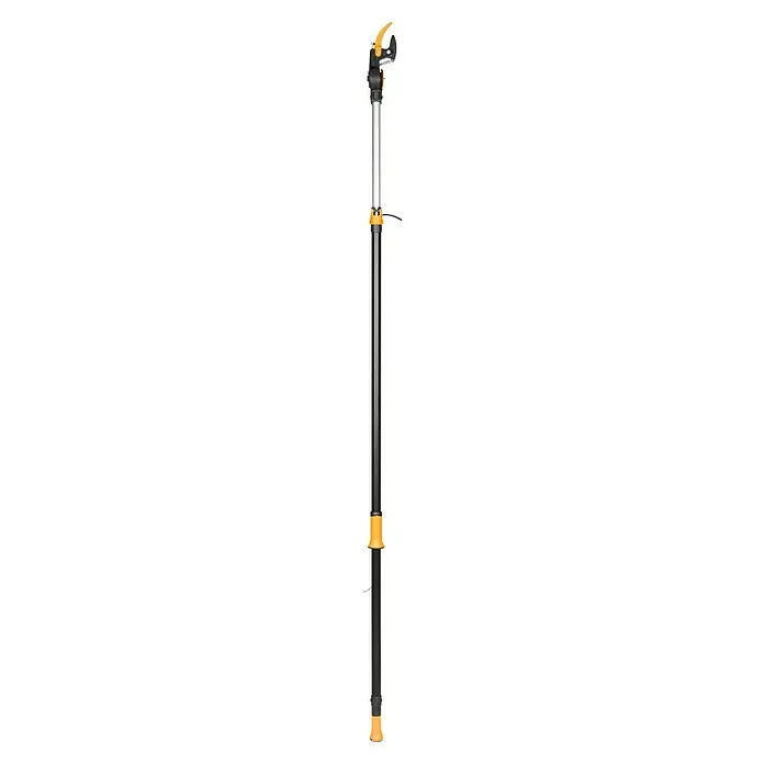 Fiskars Teleskop-Schneidgiraffe UPX86 - Max. Aststärke: 32 mm - Bild eines Teleskopzylinders. Der Zylinder ist schwarz und hat orangefarbene Akzente. Er ist für schwere Lasten und Hubanwendungen konzipiert.