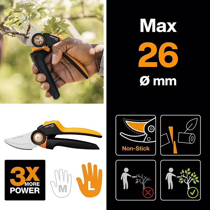 Fiskars X-series Gartenschere P961 - Bypass, Max. Aststärke: 26 mm - Abbildung einer Fiskars PRO Gartenschere mit Antihaftbeschichtung, 26 mm Schnittkapazität und 3x mehr Leistung für müheloses Schneiden.