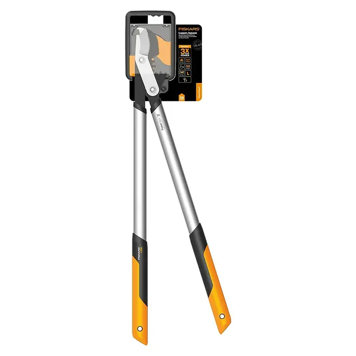 Fiskars Getriebe-Astschere PowerGearX LX98-L - Max. Aststärke: 50 mm, 80 cm - Bild von einer Fiskars PowerGear X Getriebe-Astschere Bypass LX96 mit orangefarbenen Griffen und silberfarbenen Rohren.