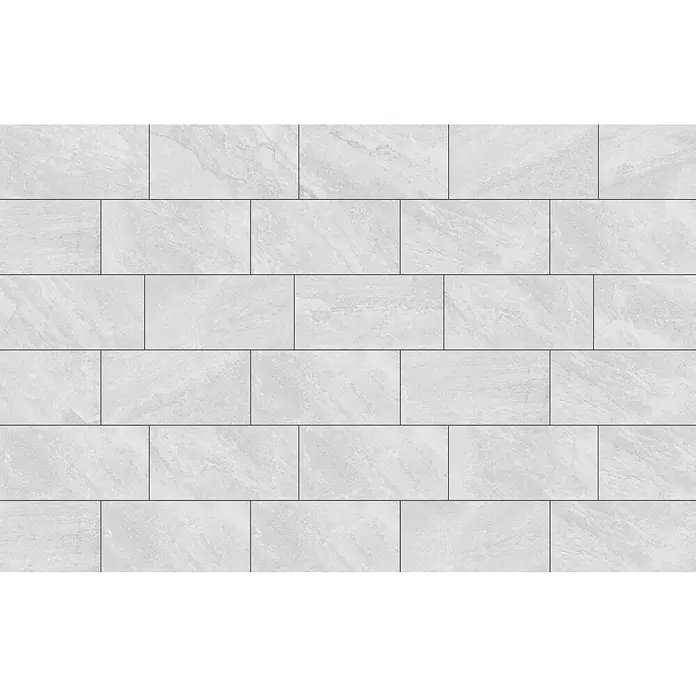 Terrassenfliese Quarzo Silver - 40 x 80 x 2 cm, Silber, Matt - Graue rechteckige Fliesen mit leicht marmoriertem Muster sind im Mauerverband verlegt und ergeben ein modernes, elegantes Gesamtbild.