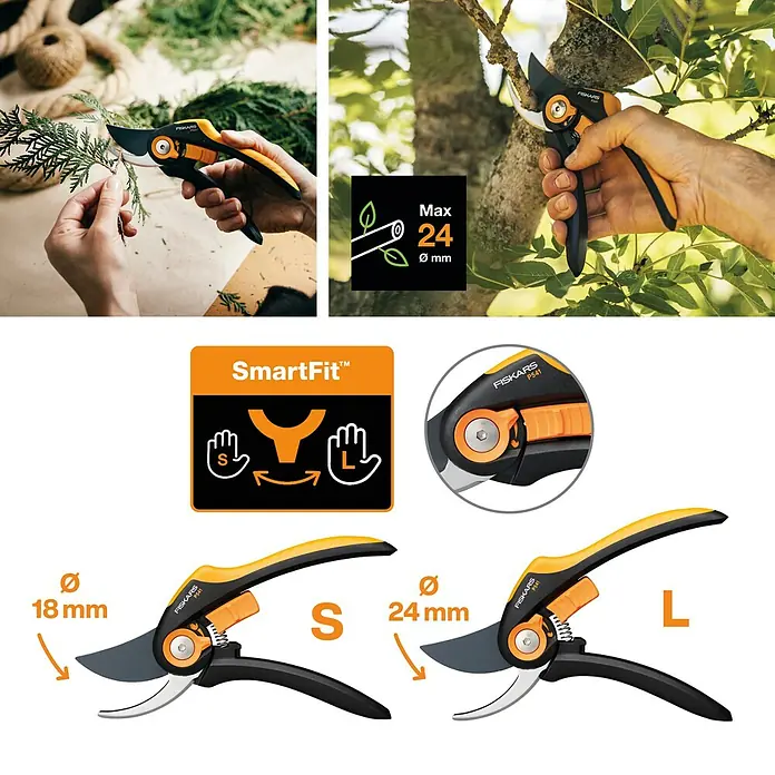 Fiskars Plus Gartenschere P541 - Bypass, Max. Aststärke: 24 mm - Abbildung einer Fiskars SmartFit Gartenschere, erhältlich in den Größen S (18 mm) und L (24 mm), mit ergonomischem Design.
