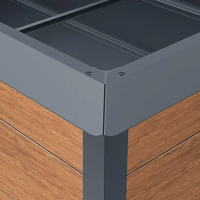 Gardol Hochbeet Set - 150 x 70 x 76 cm, Metall, Braun - Detailansicht einer grauen Gartenbox mit Holzverkleidung, die die hochwertige Verarbeitung und das moderne Design hervorhebt.