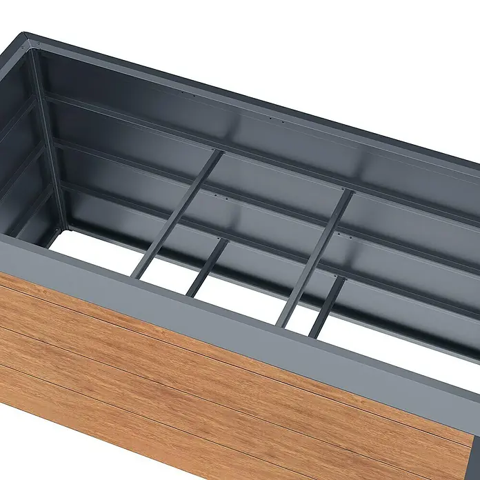 Gardol Hochbeet Set - 150 x 70 x 76 cm, Metall, Braun - Ein Blick in das Innere eines erhöhten Gartenbeets mit Holzverkleidung und einer stabilen, grauen Metallstruktur.
