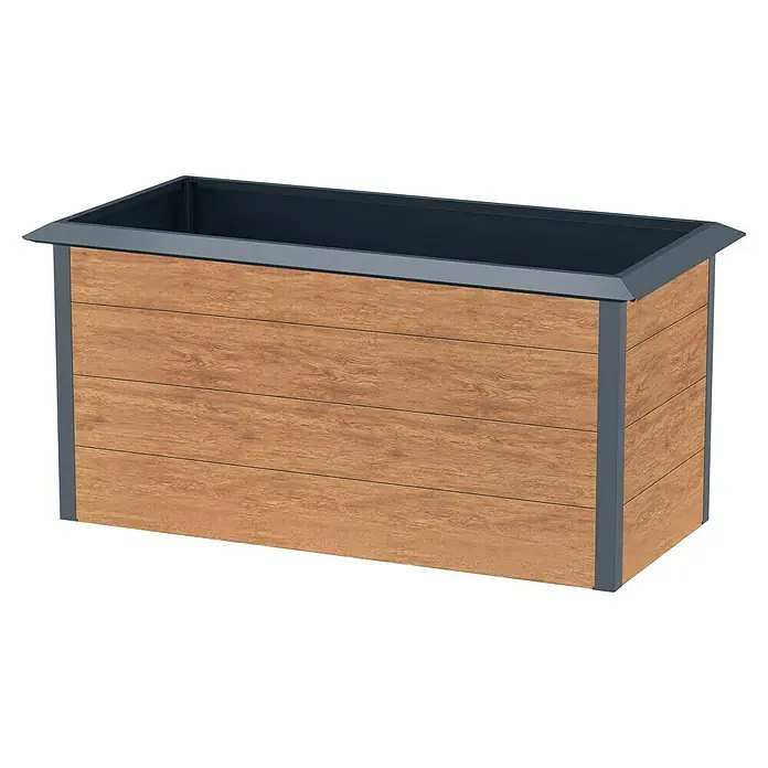 Gardol Hochbeet in Holzoptik - 150 x 70 x 76 cm, Stahl, Braun - Nahaufnahme eines rechteckigen Pflanzgefäßes mit Holzverkleidung und grauem Rahmen. Ideal für Garten und Terrasse.