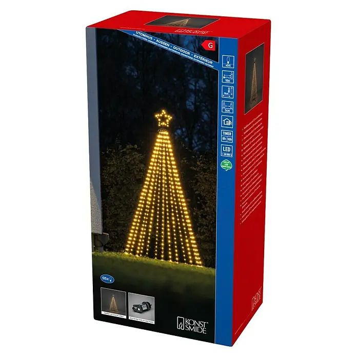 Konstsmide LED-Weihnachtsleuchte Tannenbaum - Höhe: 180 cm, Anzahl Leuchtmittel: 515 Stk. - Produktverpackung eines Konstsmide LED-Lichterbaums für den Außenbereich mit 515 LEDs und Timerfunktion.