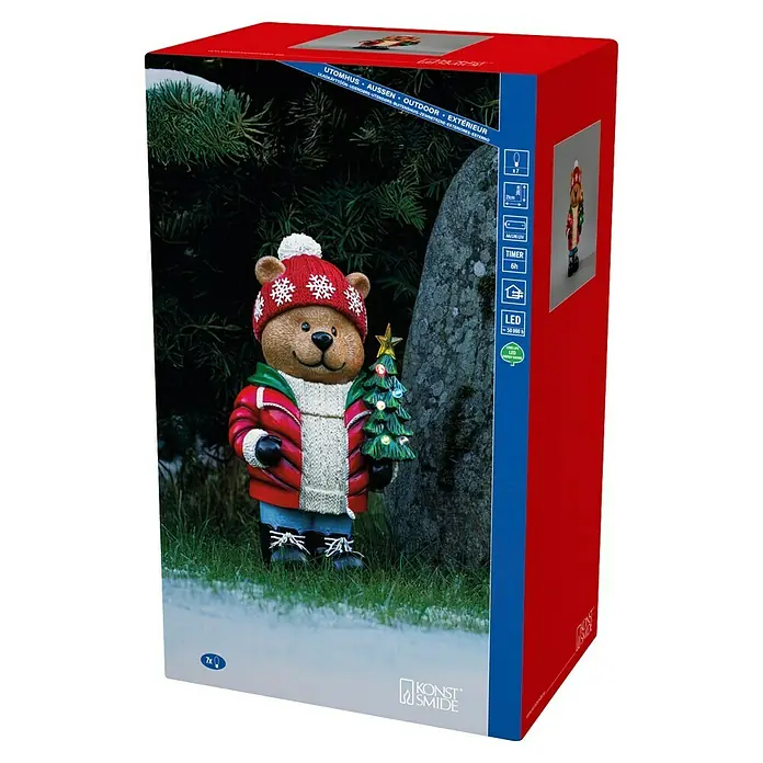 Konstsmide LED-Weihnachtsdekofigur Teddybär - 13 x 21 x 38 cm, Batteriebetrieben, LED - Produktverpackung mit einem winterlichen Teddybär mit Tannenbaum als dekorative LED-Leuchtfigur für den Außenbereich.