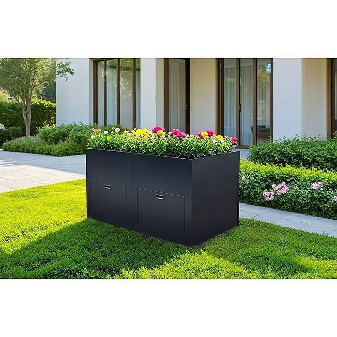 Hochbeet mit Staufächern - 150 x 76 x 78 cm, Stahl, Anthrazit - Schwarzer Pflanzkasten mit bunten Blumen in einem Garten. Praktisch, da er zusätzlichen Stauraum bietet, dank der kleinen eingebauten Schränke.