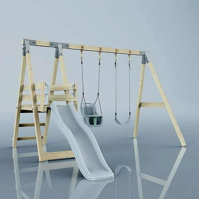 OutdoorToys Schaukel Schaukel Pfau - B x L: 291 x 331 cm, Holz - Kinderspielplatz mit Schaukeln und Rutsche. Das Spielgerät ist aus Holz gefertigt und hat einen grauen Rutsche. Ideal für den Garten!