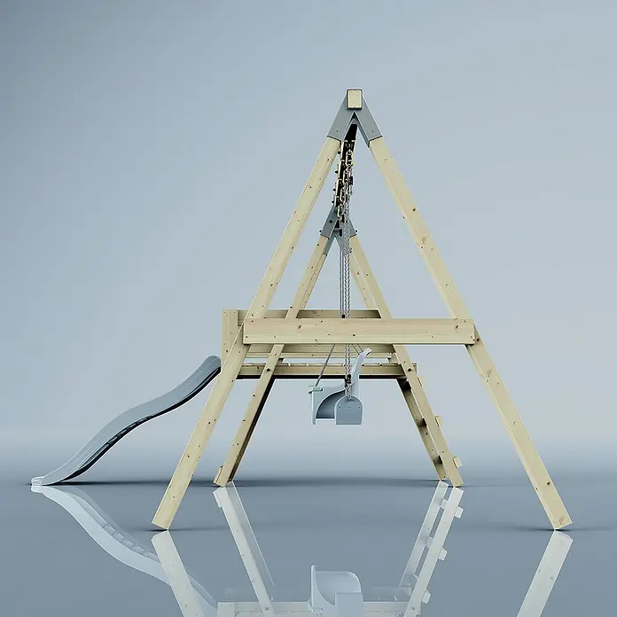 OutdoorToys Schaukel Schaukel Pfau - B x L: 291 x 331 cm, Holz - Holzspielplatz mit Schaukel und Rutsche. Das Spielgerät ist aus hellem Holz und bietet Kindern Spaß und Bewegung im Freien.