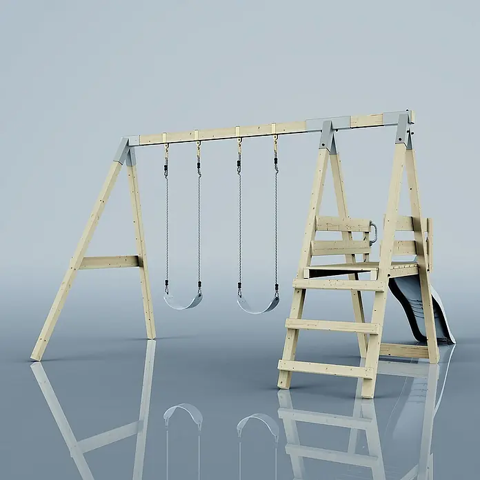 OutdoorToys Schaukel Schaukel Möwe - B x L: 29 x 322 cm, Holz - Ein detailreiches Bild eines Kinderspielplatzes mit Schaukeln und einer Rutsche, ideal für aktive Kinder.