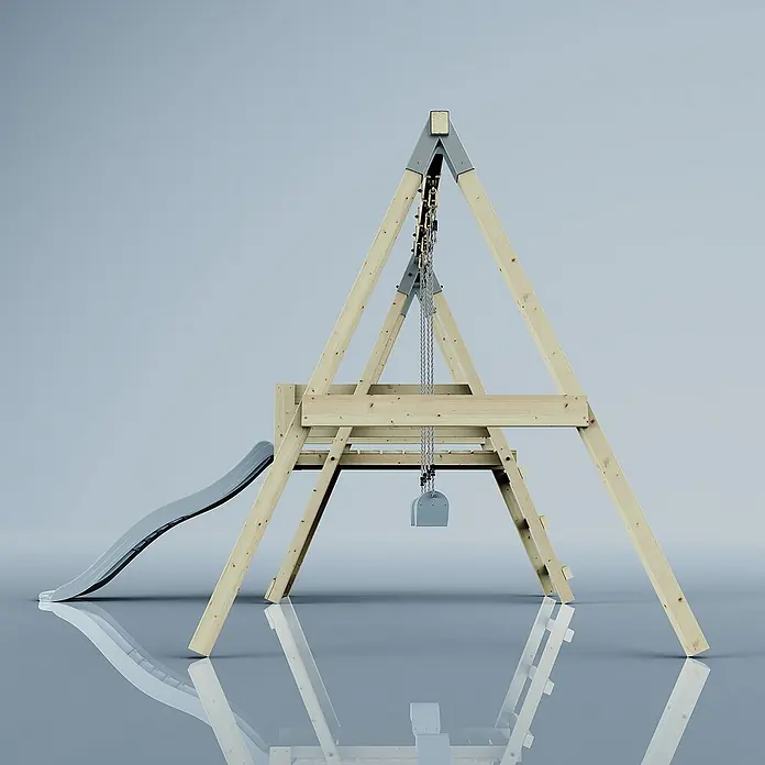 OutdoorToys Schaukel Schaukel Möwe - B x L: 29 x 322 cm, Holz - Nahaufnahme einer Holzschaukel mit Rutsche und Schaukelsitz vor einem hellen Hintergrund, die die stabile Konstruktion betont.