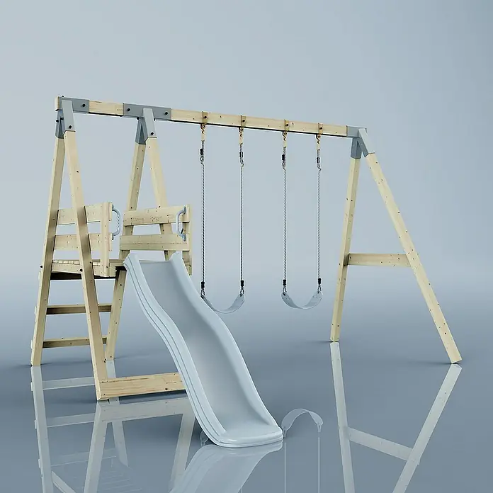 OutdoorToys Schaukel Schaukel Möwe - B x L: 29 x 322 cm, Holz - Abbildung eines Spielgerüsts mit Schaukeln und Rutsche. Ideal für den Garten und bietet Kindern viel Spaß und Bewegung im Freien.