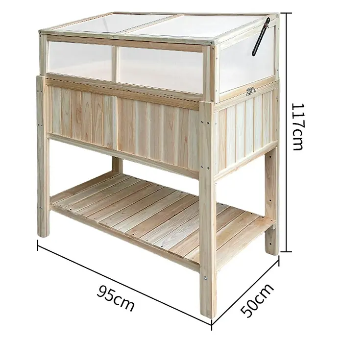 Hochbeet mit Frühbeetaufsatz - 95 x 50 x 117 cm, Holz, Natur - Das Bild zeigt ein Hochbeet aus Holz mit den Maßen 117cm Höhe, 95cm Breite und 50cm Tiefe. Praktisch für den Garten!