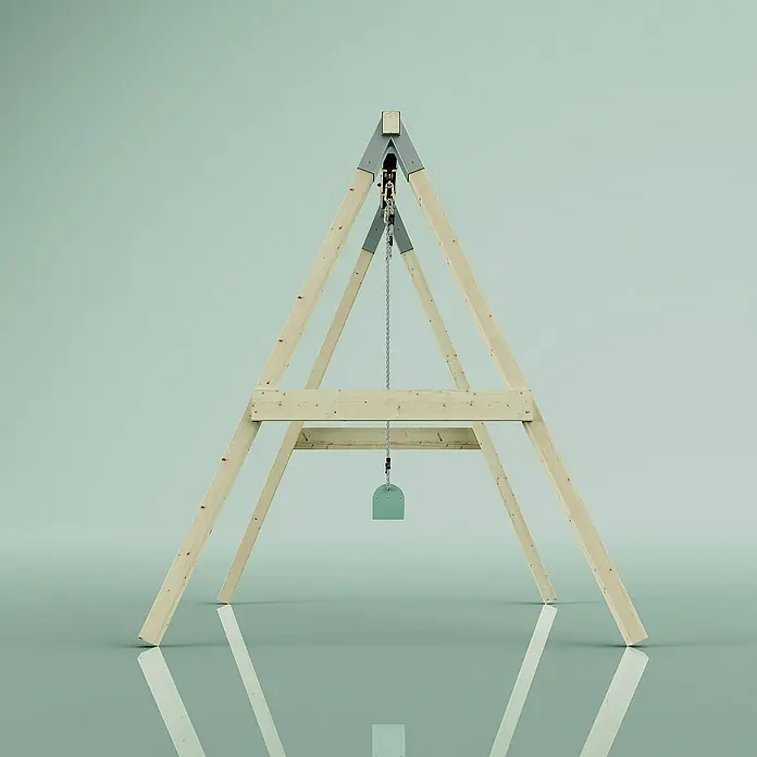 OutdoorToys Schaukel Schaukel Giraffe - B x L: 163 x 179 cm, Holz - Eine minimalistische Schaukel mit einem hellgrünen Sitz, dargestellt vor einem monochromen, hellen Hintergrund. Ideal für moderne Spielbereiche.