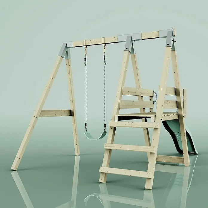 OutdoorToys Schaukel Schaukel Amsel - B x L: 29 x 202 cm, Holz - Hölzernes Spielgerüst mit Schaukel und Rutsche für Kinder. Das Gestell ist aus hellem Holz und Metall gefertigt. Perfekt für den Garten.