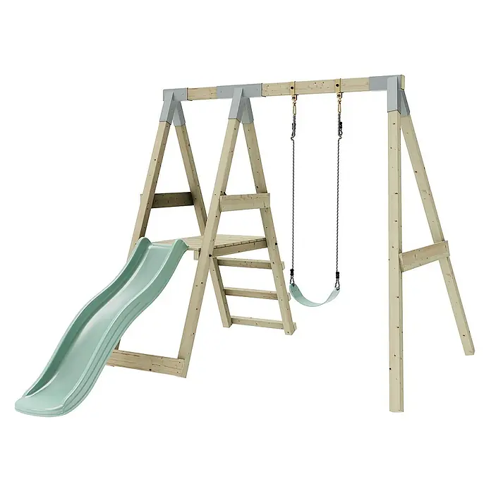OutdoorToys Schaukel Schaukel Amsel - B x L: 29 x 202 cm, Holz - Ein detailreiches Bild eines Holzspielplatzes mit Schaukel und Rutsche, ideal für den Garten.