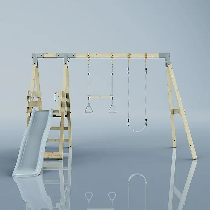 OutdoorToys Schaukel Schaukel Blaumeise - B x L: 291 x 391 cm, Holz - Holzspielplatz mit Rutsche, Schaukel und Turnringen. Ideal für den Garten. Fördert die Bewegung von Kindern.