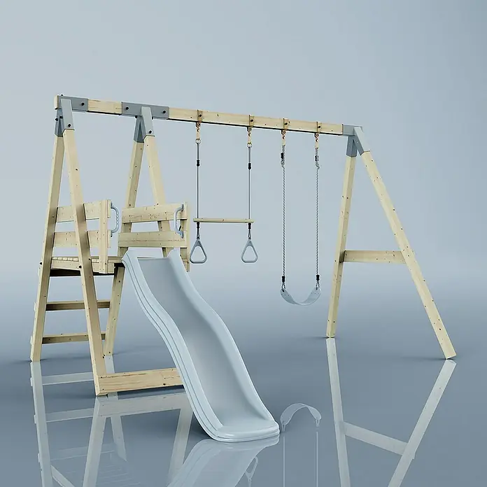 OutdoorToys Schaukel Schaukel Blaumeise - B x L: 291 x 391 cm, Holz - Bild eines Spielplatzes mit Schaukel, Turnringen und Rutsche aus Holz und Metall.