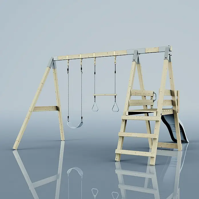 OutdoorToys Schaukel Schaukel Blaumeise - B x L: 291 x 391 cm, Holz - Abenteuerlicher Spielplatz aus Holz mit Schaukel, Turnringen, Leiter und Rutsche für unvergesslichen Spaß im Garten.