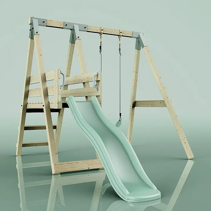 OutdoorToys Schaukel Schaukel Amsel - B x L: 29 x 202 cm, Holz - Ein hölzernes Kinderspielgerät mit Schaukel und Rutsche, ideal für den Garten. Das Spielset bietet Spaß und fördert die Bewegung im Freien.