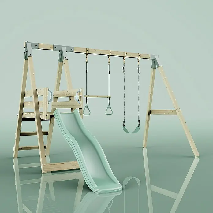 OutdoorToys Schaukel Schaukel Blaumeise - B x L: 291 x 391 cm, Holz - Eine detailreiche Ansicht eines Kinderspielplatzes mit Schaukel, Rutsche und Klettergerüst, ideal für aktive Kinder.