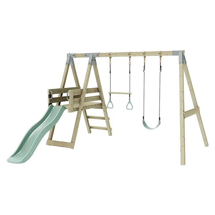 OutdoorToys Schaukel Schaukel Blaumeise - B x L: 291 x 391 cm, Holz - Abbildung eines hölzernen Kinderspielplatzes mit Schaukel, Rutsche und Turnringen. Ein Paradies für Kinder zum Spielen und Spaß haben im Freien.