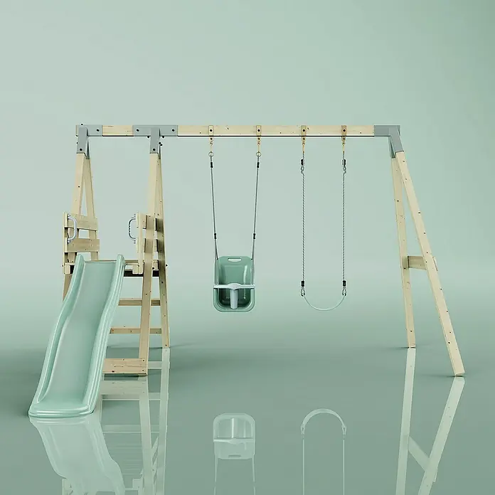 OutdoorToys Schaukel Schaukel Pfau - B x L: 291 x 331 cm, Holz - Nahaufnahme einer Kinderschaukel mit Rutsche in einem modernen Design. Das Schaukelset ist ideal für den Garten und bietet viel Spaß im Freien.
