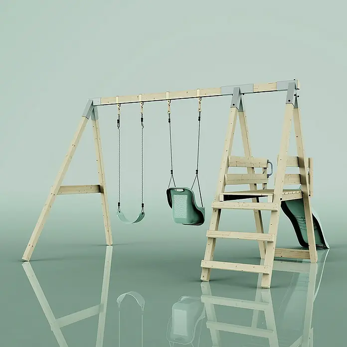 OutdoorToys Schaukel Schaukel Pfau - B x L: 291 x 331 cm, Holz - Nahaufnahme eines Kinderspielplatzes mit Schaukeln, Rutsche und Klettergerüst, ideal für Spiel und Spaß im Freien.