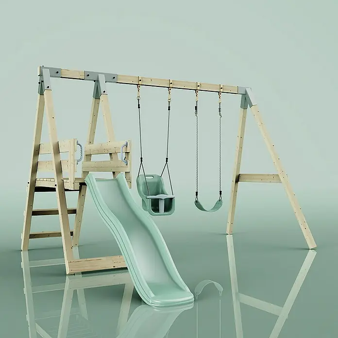 OutdoorToys Schaukel Schaukel Pfau - B x L: 291 x 331 cm, Holz - Ein hölzernes Kinderspielplatz-Set mit Schaukeln und Rutsche für endlosen Spaß im Garten.