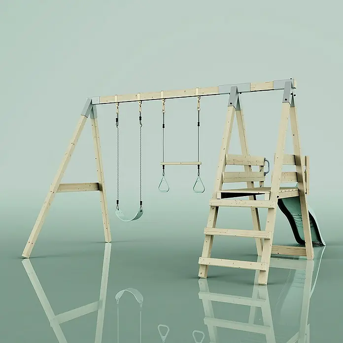 OutdoorToys Schaukel Schaukel Blaumeise - B x L: 291 x 391 cm, Holz - Holzspielplatz mit Schaukel, Trapez und Rutsche für Kinder zum Spielen und Spaß haben im Garten.