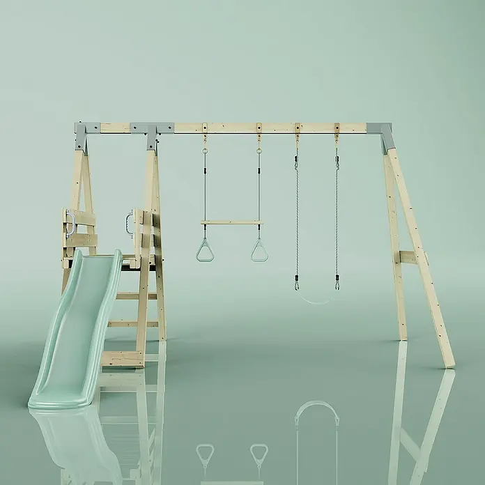 OutdoorToys Schaukel Schaukel Blaumeise - B x L: 291 x 391 cm, Holz - Ein detailreiches Bild eines Holzspielplatzes mit Rutsche, Schaukeln und Turnringen, perfekt für den Garten.