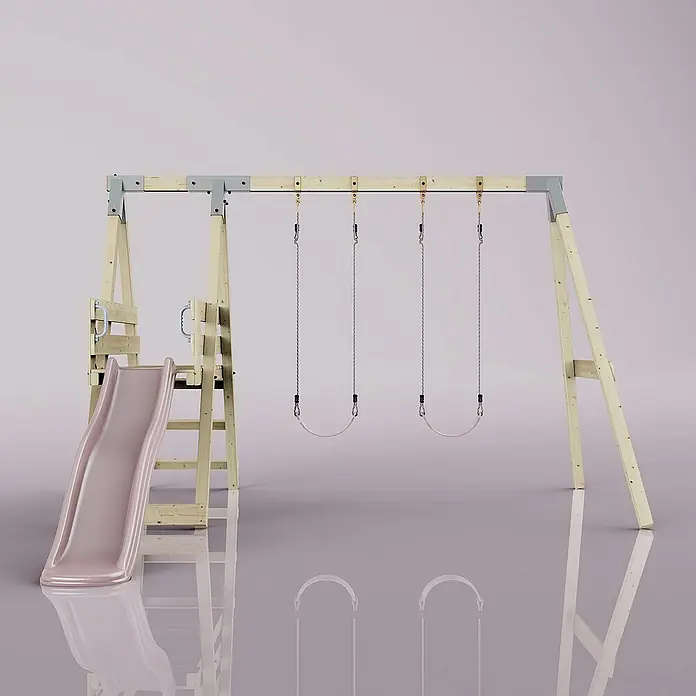OutdoorToys Schaukel Schaukel Möwe - B x L: 29 x 322 cm, Holz - Ein detailreiches Bild eines Kinderspielplatzes mit Schaukeln und einer Rutsche, ideal für den Garten.