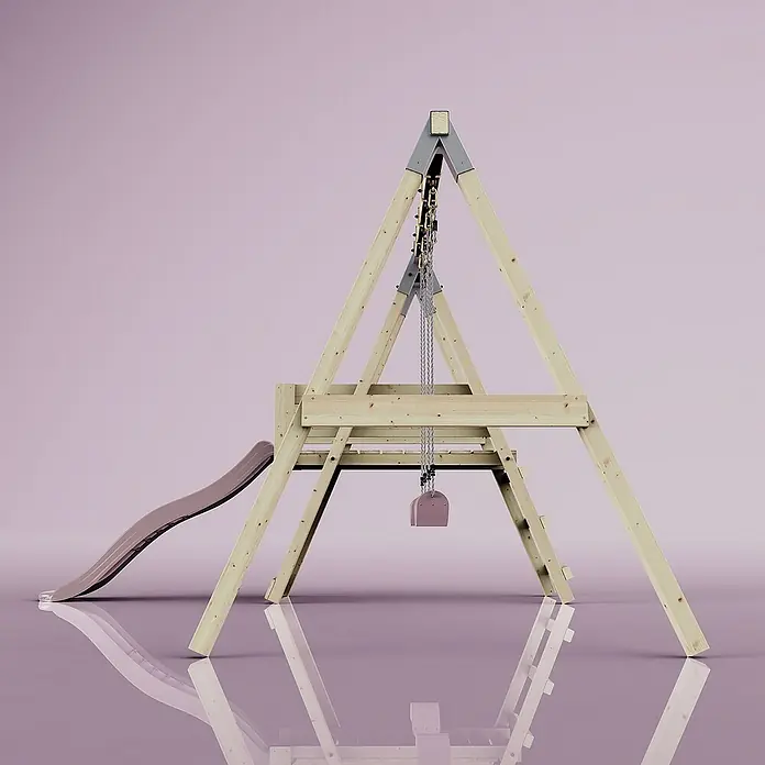 OutdoorToys Schaukel Schaukel Möwe - B x L: 29 x 322 cm, Holz - Ein freistehendes Kinderspielgerät mit Rutsche und Schaukel vor einem pastellfarbenen Hintergrund, perfekt für den Garten.