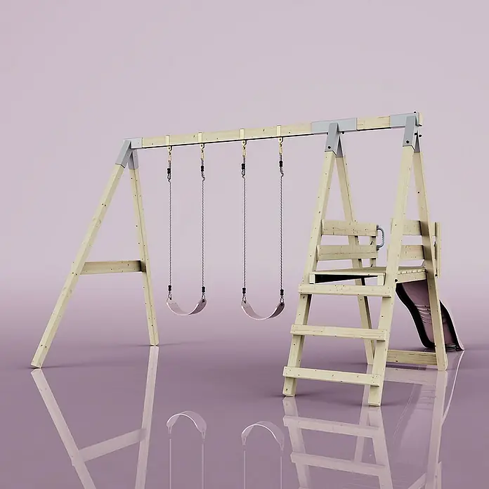 OutdoorToys Schaukel Schaukel Möwe - B x L: 29 x 322 cm, Holz - Eine hölzerne Schaukel mit Rutsche und vier Schaukeln vor einem lila Hintergrund. Das perfekte Spielgerät für den Garten.