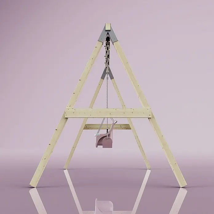 OutdoorToys Schaukel Schaukel Papagei Rosa - Holz, Rosa - Nahaufnahme einer Kinderschaukel mit Holzrahmen und rosa Sitz vor einem lila Hintergrund, ideal für den Garten.