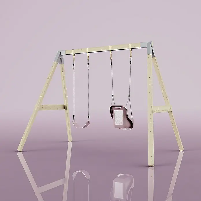 OutdoorToys Schaukel Schaukel Papagei - B x L: 177 x 260 cm, Holz - Eine Schaukel mit zwei Sitzen, einem traditionellen und einem für Kleinkinder, steht auf einem glänzenden, rosafarbenen Boden.