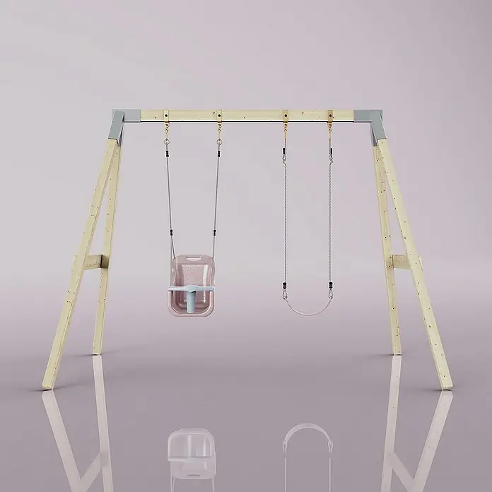OutdoorToys Schaukel Schaukel Papagei - B x L: 177 x 260 cm, Holz - Kinderschaukel mit Babysitz und normalem Sitz vor hellrosafarbenem Hintergrund.