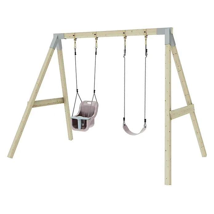 OutdoorToys Schaukel Schaukel Papagei Rosa - Holz, Rosa - Holzschaukelgerüst mit Babyschaukel und Brettschaukel. Ideal für den Garten, bietet Kindern sicheren und vielseitigen Spielspaß im Freien.