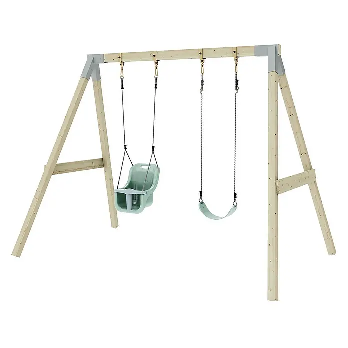 OutdoorToys Schaukel Schaukel Papagei - B x L: 177 x 260 cm, Holz - Abbildung eines Holzschaukelgerüsts mit Babyschaukel und normaler Schaukel. Perfekt für den Garten, um Kinder glücklich zu machen.