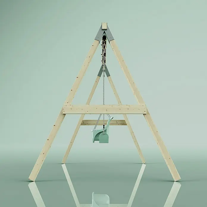 OutdoorToys Schaukel Schaukel Papagei - B x L: 177 x 260 cm, Holz - Eine hellblaue Babyschaukel hängt an einem hölzernen Schaukelgestell, das auf einem glatten, farblich passenden Untergrund steht.