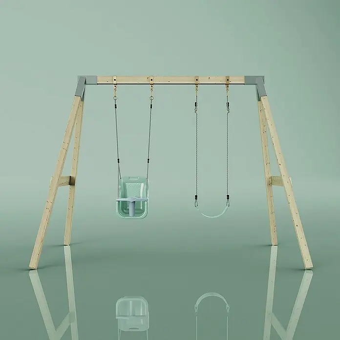 OutdoorToys Schaukel Schaukel Papagei - B x L: 177 x 260 cm, Holz - Eine Schaukelgarnitur mit einer Babyschaukel und einer normalen Schaukel in einem ruhigen Studio-Setting.